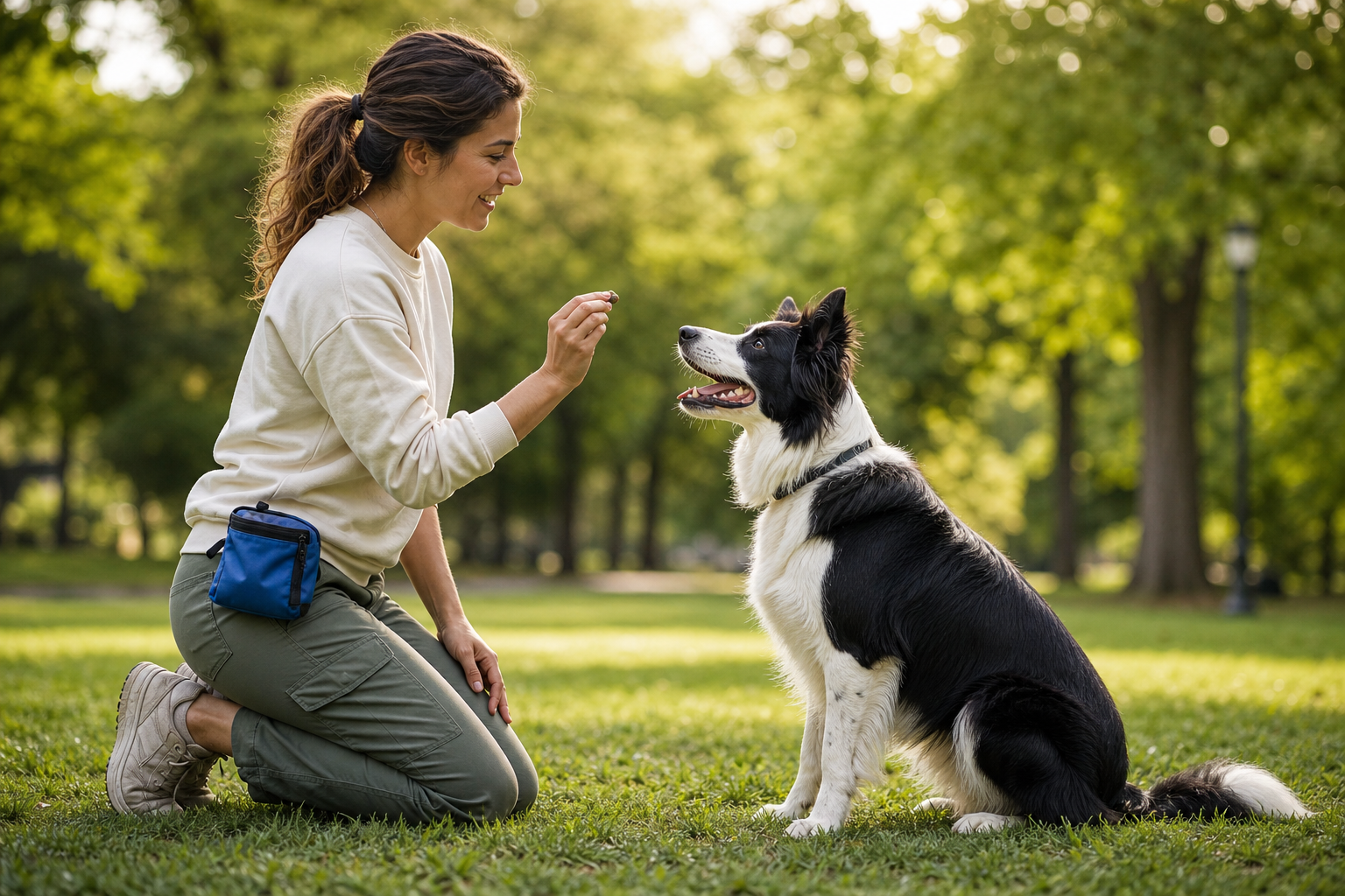 Entrenadora enseñando un comando a un border collie en el parque