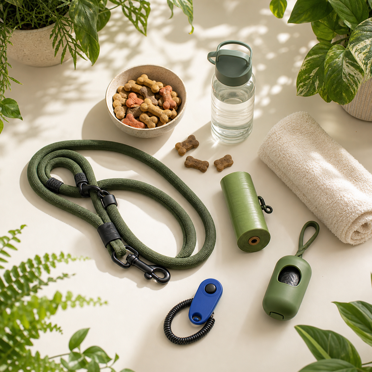Kit de paseo: correa, agua, bolsas y premios deshidratados