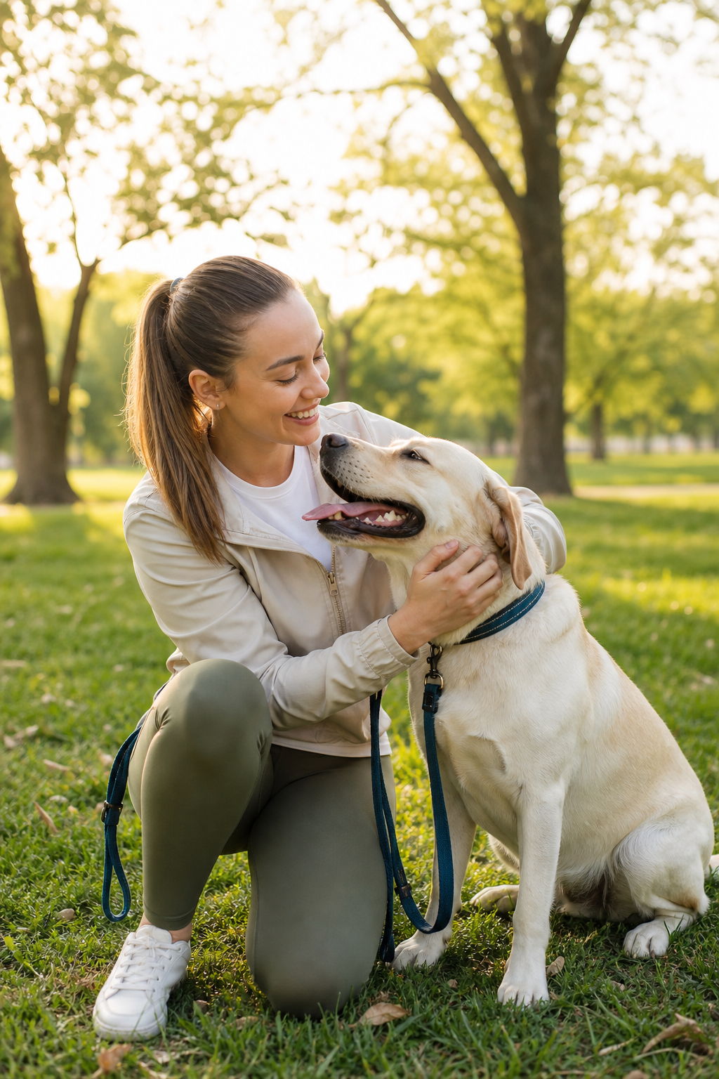 Cuidadora profesional conviviendo con un labrador en el parque