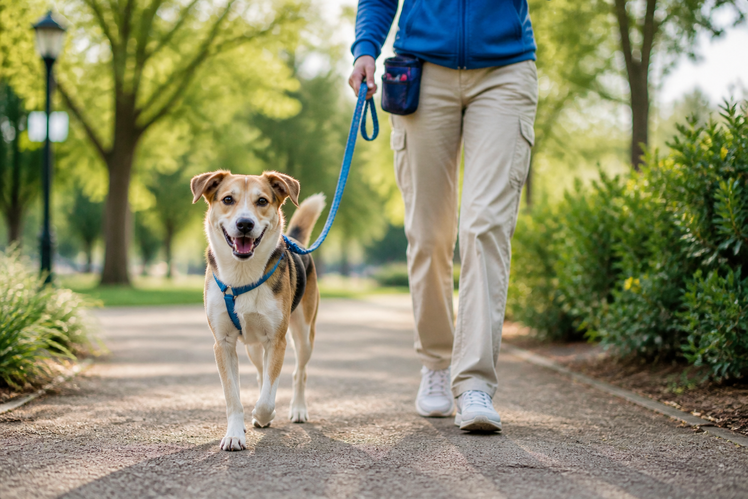Paseo canino profesional con correa en el parque