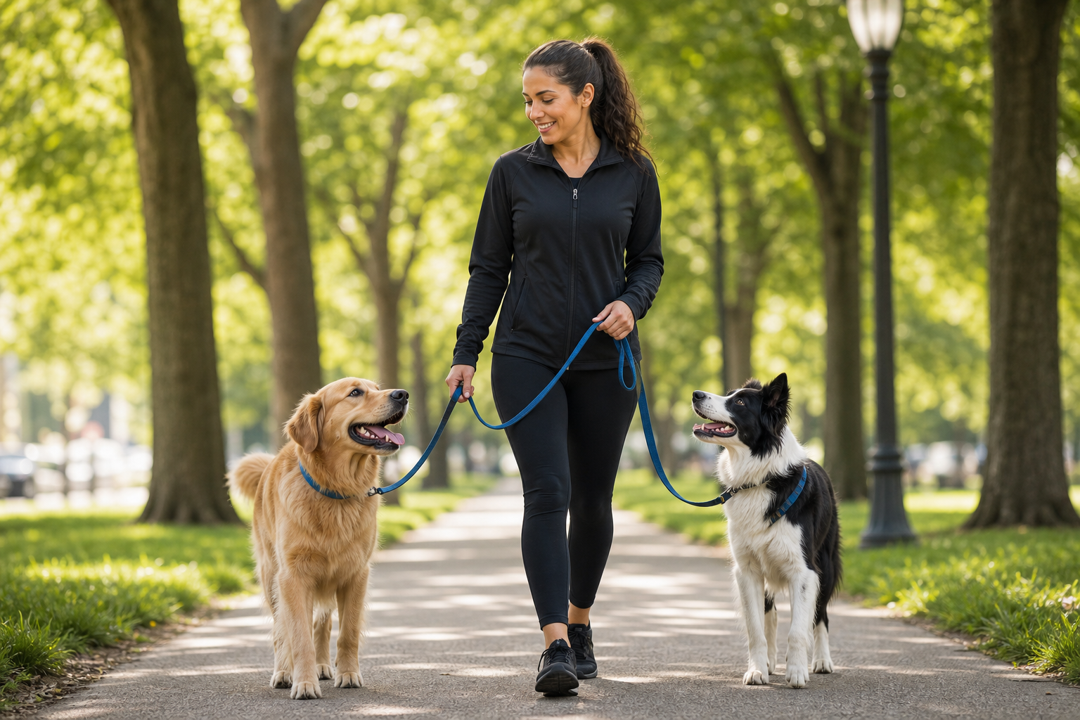 Entrenador paseando perros en parque urbano