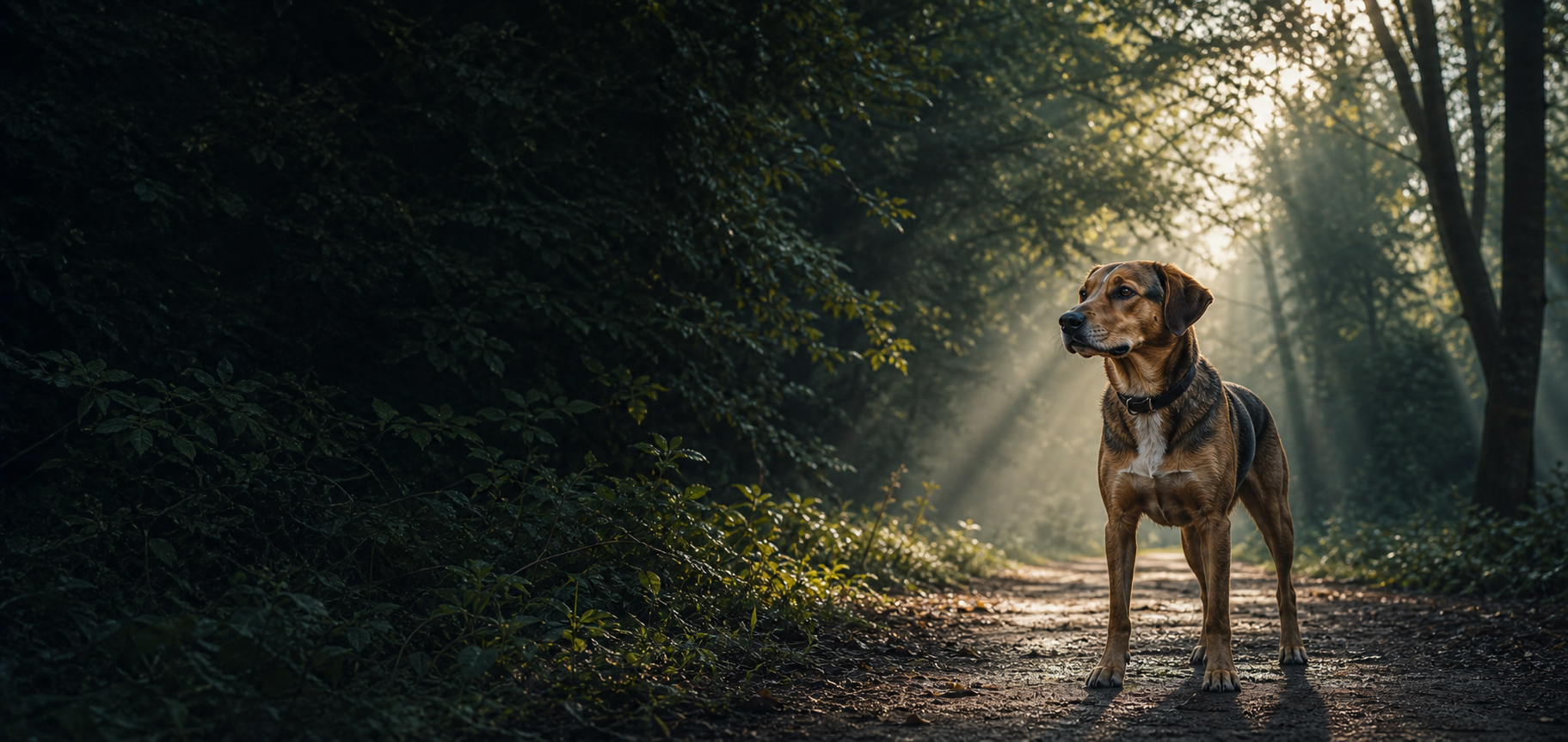 Perro atento en una ruta natural